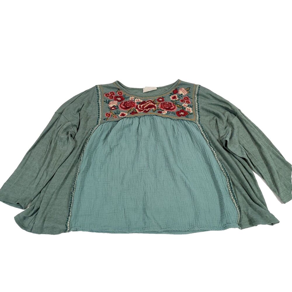 Floral Oversized Embroidered Gauzy Top Savannah Jane 1X Mint Green Feminine Boho